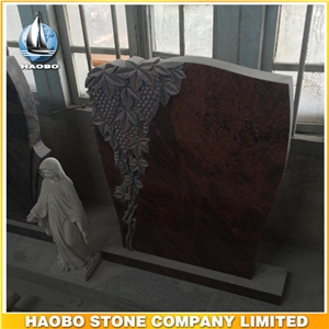 Red Granite Upright Headstone with Hand Carved Grape