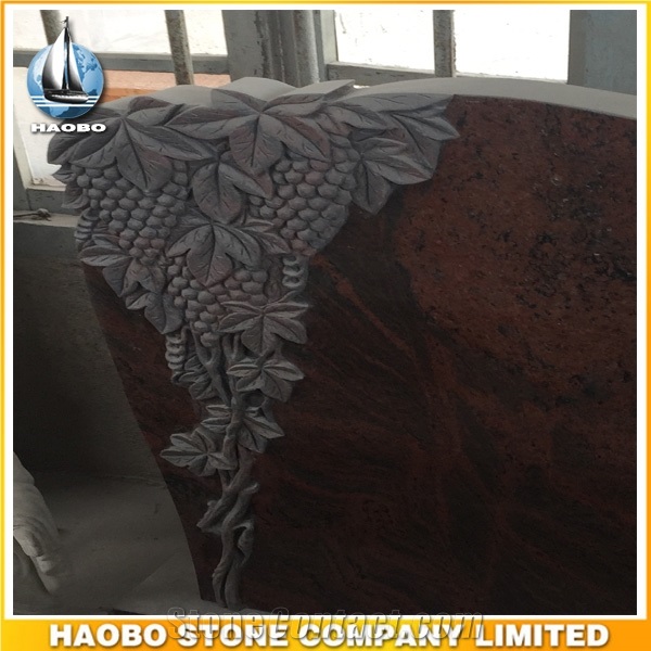 Red Granite Upright Headstone with Hand Carved Grape