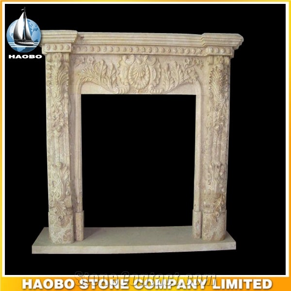 Yellow Marble Antique Fireplace Surround Customized Hand Carved Details