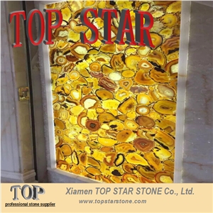 Backlit Yellow Semiprecious Agated Stone Slabs Onyx Faux Stone Slab