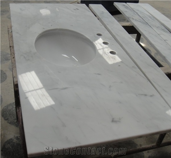 White Marble Bath Tops, Bianco Carrara White Marble Bathroom Countertops, White Bathroom Vanity Tops with Porcelian Sinks, Bianca Carrara,Bianco Carrera,Bianco Di Carrara,Blanc De Carrare