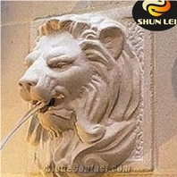 Lion Head Wall Fountain, Beige Marble Fountain