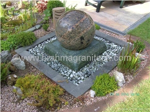 Sphere Fountain on Natural Rock Base, Brown Granite Fountain Sphere Fountain on Natural Rock Base, Brown Granite Fountain