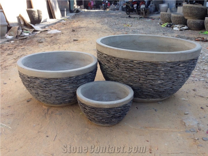 Stacked Stone Slate Pots - Black Slate Natural Garden Planters - Pebble Water Fountain - Drive Slate Fountain - Garden Stones River Pebbles Pots