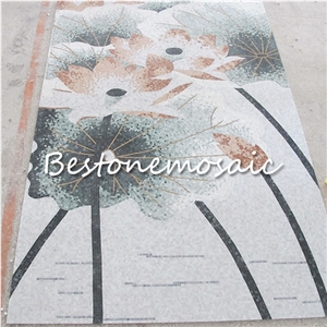 Bestonemosaic Chinese Painting Lotus Mosaic Pattern, Square Mosaic Medallion, Waterjet Medallions,Marble Mosaic Medallion, Art Marble Flooring,Multicolor Mesh Mounted Mosaic,Indoor Decoration