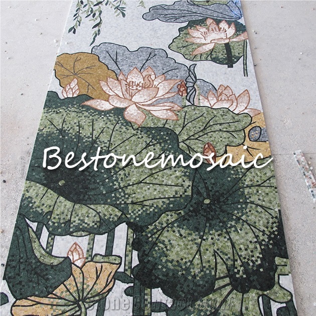 Square Marble Mosaic Medallion,Bestonemosaic Chinese Painting Lotus Mosaic Pattern, Waterjet Medallions,Marble Mosaic Medallion, Art Marble Flooring,Multicolor Mesh Mounted Mosaic,Indoor Decoration