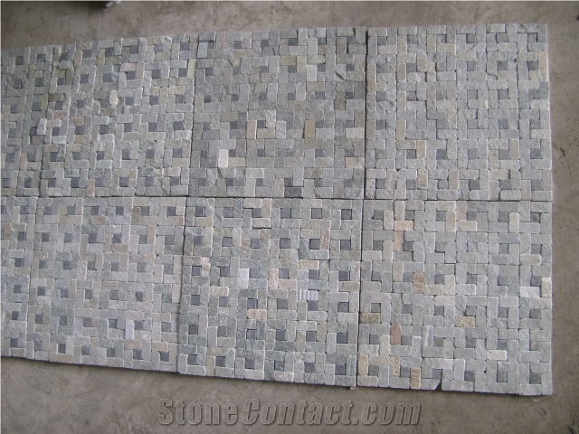 Black Slate with Yellow Quartzite Mosaic,Stone Wall Mosaic,Quartzite Mosaic Pattern for Interior Wall Decoration