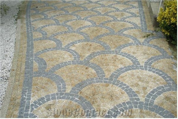 Amarelo Mondim Granite Fan Shape Walk Way Cubic Stone Pattern, Yellow Granite Pavers