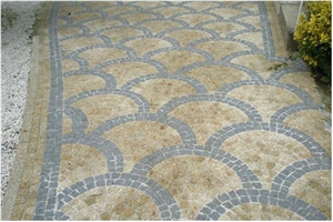 Amarelo Mondim Granite Fan Shape Walk Way Cubic Stone Pattern, Yellow Granite Pavers