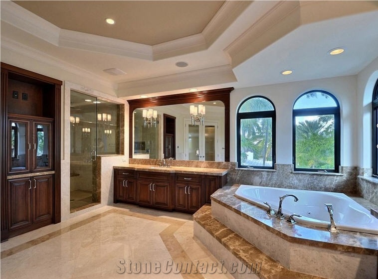Master Bathroom Featuring a Corner Tub, Emperador Light Marble Tub Surround, Emperador Light Countertop