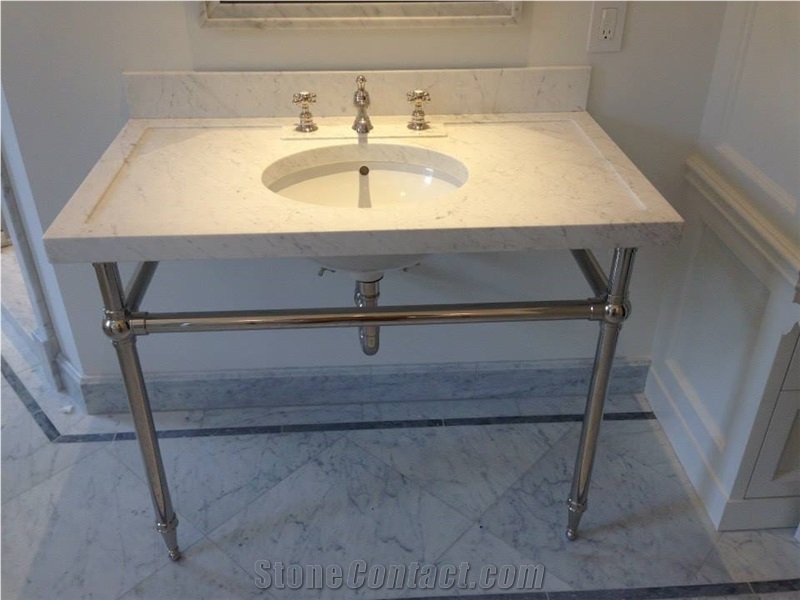 2" Thick White Carrara Marble Vanity Top, Custom Carved