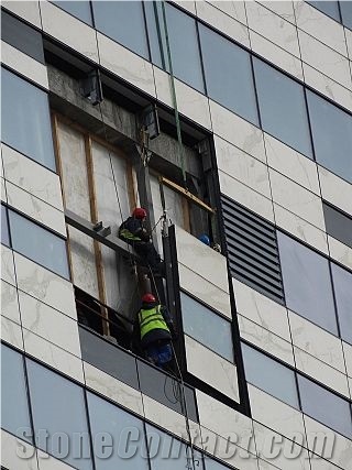 Maximum Calacatta Porcelain Panels Incorporated in Curtain Wall System.