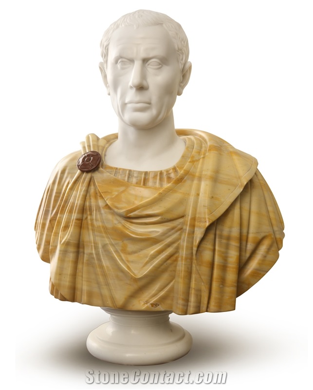 Bust Of Julius Caesar - White Carrara and Giallo Siena Marble Hand Carved
