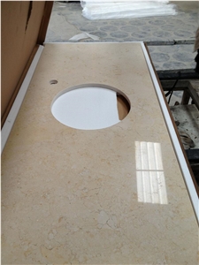 China Beige Marble Bathroom Vanity Top, Custom Vanity Tops, Natural Stone Bath Tops, Bathroom Countertops, Bathroom Top