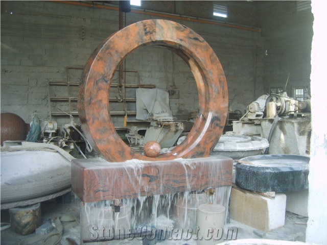 China Red Marble Garden Water Features, Exterior Landscaping Stones Rolling Sphere Fountains, Outdoor Sculptured Fountain, Floating Ball Fountains with Stone Base