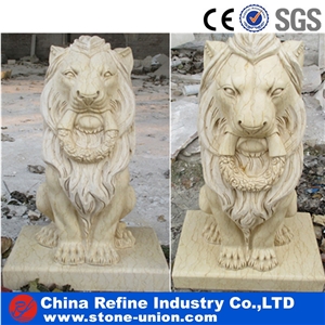Beige Lion Sculpture and Statues , Marble Lion Handcraft,Handcarved Sculptures, Garden Sculptures, Religious Statues