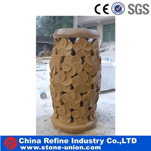 Exterior Yellow Granite Lantern with Carving,Stone Garden Lantern Decoration and Lighting,Garden Lantern with Led Light,European Style Garden Lanterns