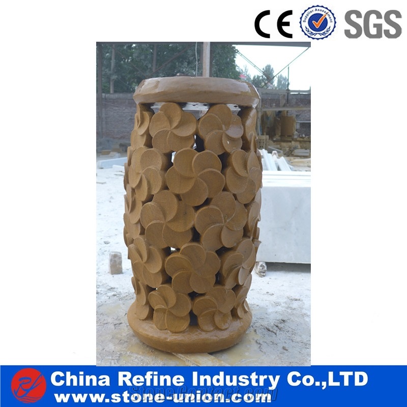 Exterior Yellow Granite Lantern with Carving,Stone Garden Lantern Decoration and Lighting,Garden Lantern with Led Light,European Style Garden Lanterns
