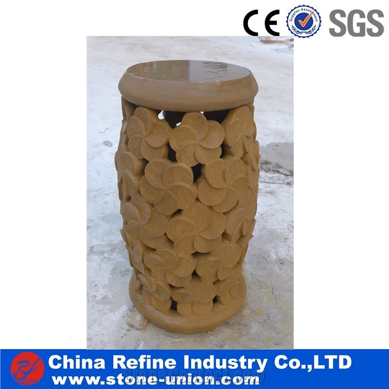 Exterior Yellow Granite Lantern with Carving,Stone Garden Lantern Decoration and Lighting,Garden Lantern with Led Light,European Style Garden Lanterns