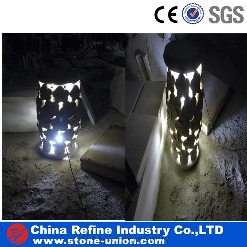 Exterior Yellow Granite Lantern with Carving,Stone Garden Lantern Decoration and Lighting,Garden Lantern with Led Light,European Style Garden Lanterns