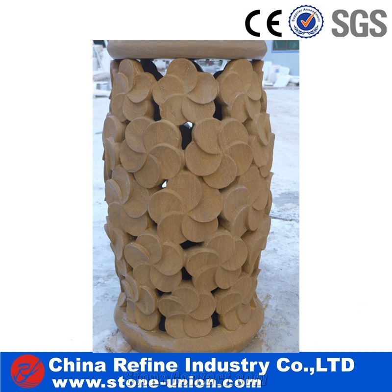 Exterior Yellow Granite Lantern with Carving,Stone Garden Lantern Decoration and Lighting,Garden Lantern with Led Light,European Style Garden Lanterns