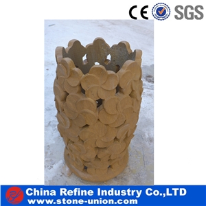 Exterior Yellow Granite Lantern with Carving,Stone Garden Lantern Decoration and Lighting,Garden Lantern with Led Light,European Style Garden Lanterns
