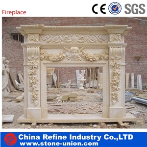 Fireplace with Carving , Wonderful Fire Place China Beige Marble Fireplace,Marble Fireplace Mantel Handcarved Flower Sculptured Fireplace