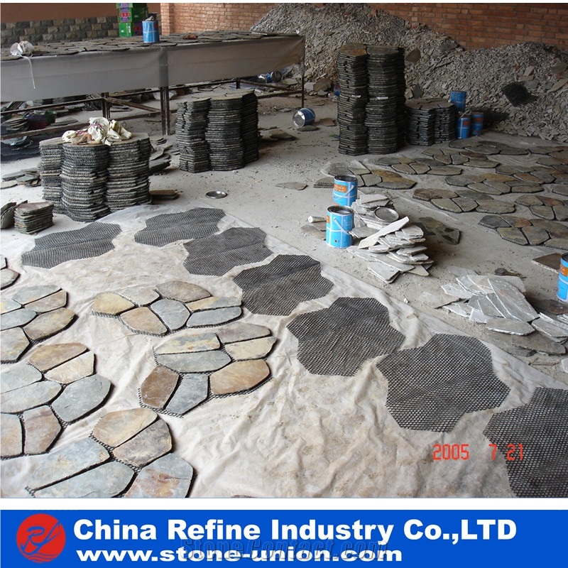 High Quanlity Green Slate Paving Flagstone Tile Exporter ,Garden Multi Yellow Slate Mesh Paver,Slate Landscaping Flagestone