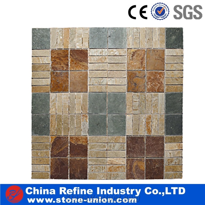 Multicolor China Slate Paving Mosaic Stone, Wall Cladding Mosaic Tiles,Slate Mosaic Pattern Floor Tiles