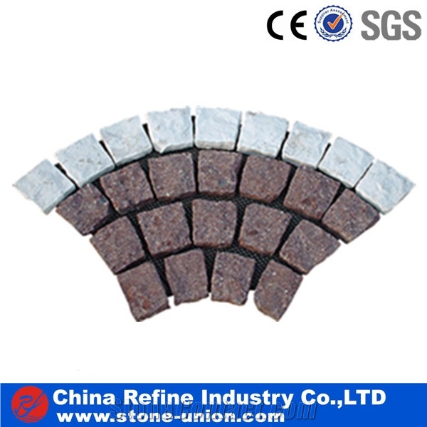 Sidewalk Stone,Fan Cobble,Paver on Mesh,Flamed Granite Yard Pavers, Natural Split Paver on Mesh, Granite Stone Cobblestone for Landscaping