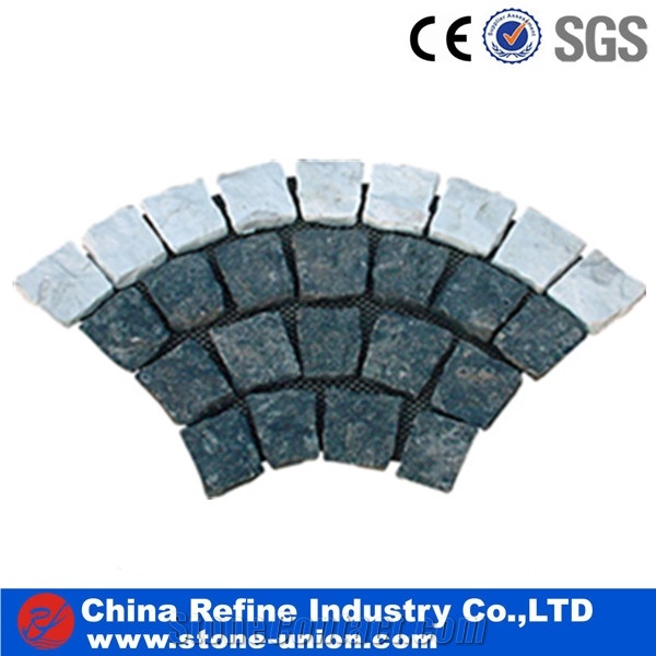 Sidewalk Stone,Fan Cobble,Paver on Mesh,Flamed Granite Yard Pavers, Natural Split Paver on Mesh, Granite Stone Cobblestone for Landscaping