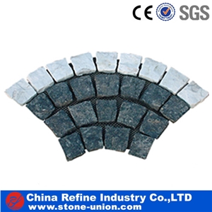Sidewalk Stone,Fan Cobble,Paver on Mesh,Flamed Granite Yard Pavers, Natural Split Paver on Mesh, Granite Stone Cobblestone for Landscaping
