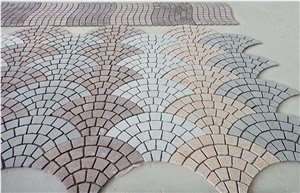 Sidewalk Stone,Fan Cobble,Paver on Mesh,Flamed Granite Yard Pavers, Natural Split Paver on Mesh, Granite Stone Cobblestone for Landscaping