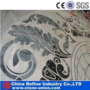 White and Black Marble Medallion Polished Surface,Water Jet Medallions Inlay Flooring Tiles, Customized White Bottom Marble Flooring Paving Tiles