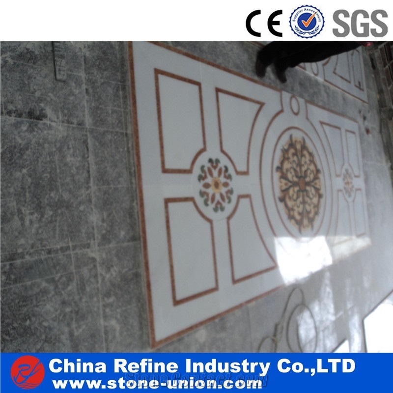 White and Black Marble Medallion Polished Surface,Water Jet Medallions Inlay Flooring Tiles, Customized White Bottom Marble Flooring Paving Tiles