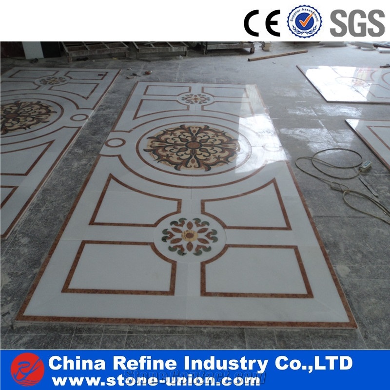 White and Black Marble Medallion Polished Surface,Water Jet Medallions Inlay Flooring Tiles, Customized White Bottom Marble Flooring Paving Tiles