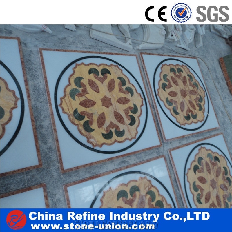 White and Black Marble Medallion Polished Surface,Water Jet Medallions Inlay Flooring Tiles, Customized White Bottom Marble Flooring Paving Tiles
