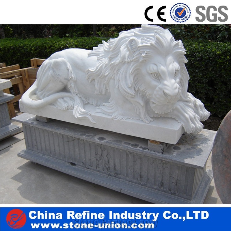 White Marble Carving Statue for Garden, Decorative White Marble Lion Sculpture,Handcarved Animal Sculptures,Handcarved Garden Statues,Animal Sculpture