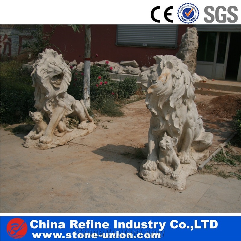 White Marble Carving Statue for Garden, Decorative White Marble Lion Sculpture,Handcarved Animal Sculptures,Handcarved Garden Statues,Animal Sculpture