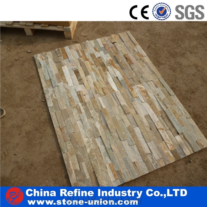 Yellow Beige Slate Culture Stone Strip Tiles ,Chinese Characteristic Wall Stone,China Rusty Slate Wall Cladding, Stacked Stone Veneer