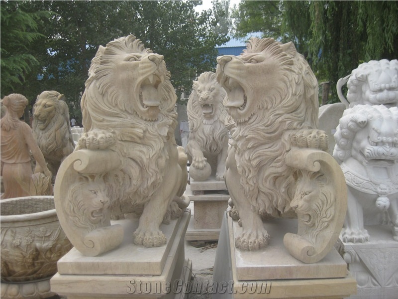 Stone Lions, Beige Marble Lions Sculpture & Statue, Animal Sculptures, Landscape Sculptures