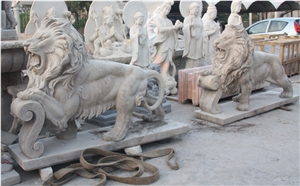 Stone Lions, Beige Marble Lions Sculpture & Statue, Animal Sculptures, Landscape Sculptures