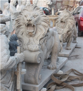 Stone Lions, Beige Marble Lions Sculpture & Statue, Animal Sculptures, Landscape Sculptures
