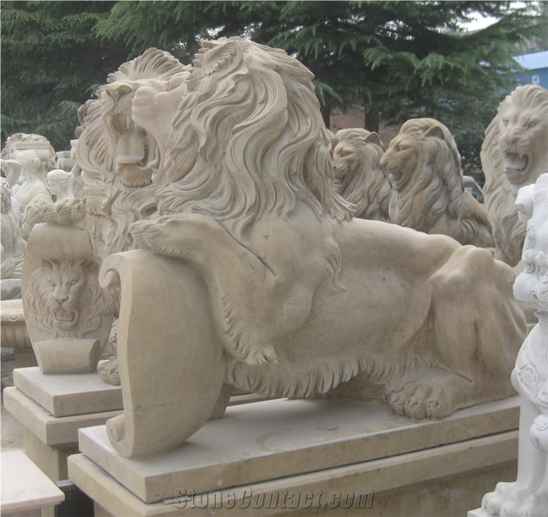 Stone Lions, Beige Marble Lions Sculpture & Statue, Animal Sculptures, Landscape Sculptures