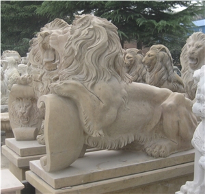 Stone Lions, Beige Marble Lions Sculpture & Statue, Animal Sculptures, Landscape Sculptures