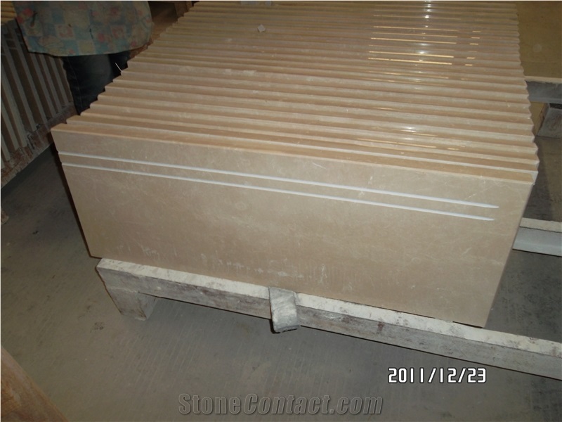 Iran Popular Cheap Beige Royal Botticino Marble Stair Risers and Treads, Stairs with Anti-Slip Trips for Hotel, Shopping Mall Project Decoration, Natural Building Stone Steps