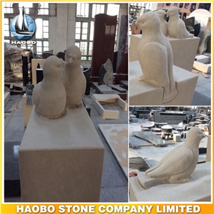 Beige Sandstone Upright Monument with Carved Birds Headstone
