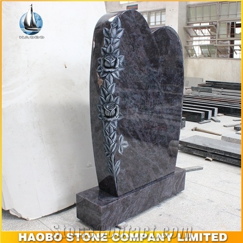 Blue Granite Headstone Customized Upright Monument with Carved Flowers
