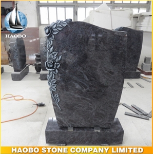 Blue Granite Headstone Customized Upright Monument with Carved Flowers