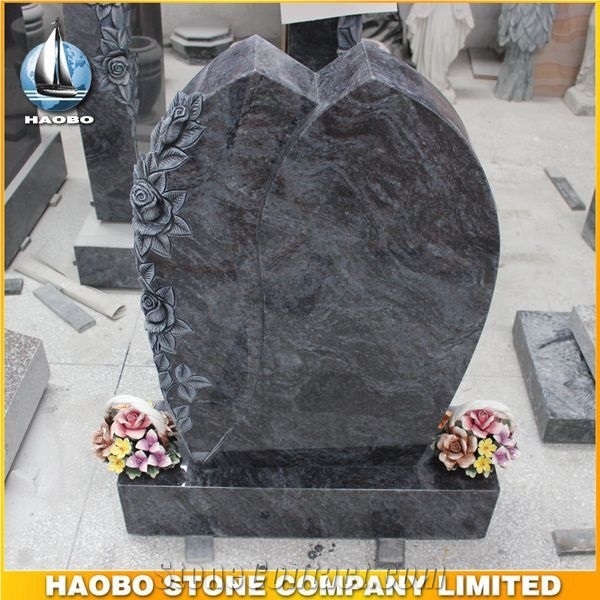 Blue Granite Headstone Customized Upright Monument with Carved Flowers